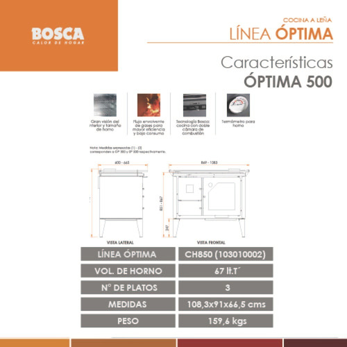 Imagen 5 de 9 de Cocina A Leña Bosca Optima 500 Salamandra Estufa 3 Platos
