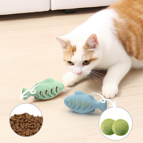 2 Fish Shape Cat Toys Cat Toy Food Dispenser Feeder Food