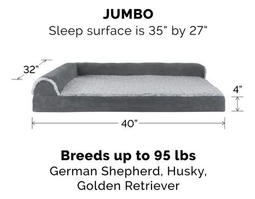 Cama De Espuma Con Memoria Para Perros Grandes 101x81 Cm Con Almohadones Removibles Y Funda Lavable, Para Perros De Hasta 95 Libras - Dos Tonos De Felpa De Piel Sintética Y Gamuza En Forma De L - Gris
