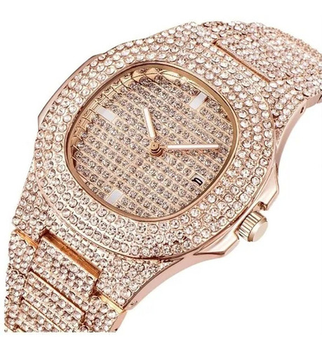 18 K Oro Lujo Reloj Hombres Cuarzo Rhinestone Hip Hop Reloj