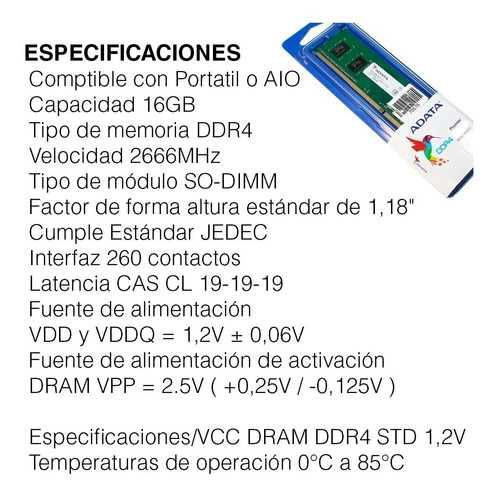 Imagen 5 de 5 de Memoria Ram 16gb Ddr4 2666mhz Adata (portatil Y Aio)