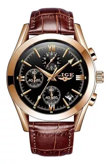 Reloj de pulsera Lige LG9839F de cuerpo color dorado, analógico, para hombre, fondo negro, con correa de cuero color marrón, agujas color dorado y verde, dial dorado y verde, subesferas color negro, m