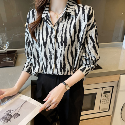 Women Zebra Stripes Printed Shirts Spring Button Loose Long