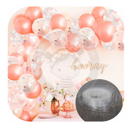 100 Globos Latex Rosa Gold Transparent Confetti + Cinta Arco