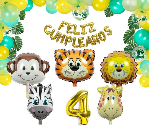 Set Deco Cumpleaños Globos Animales Animalitos Selva Numero 