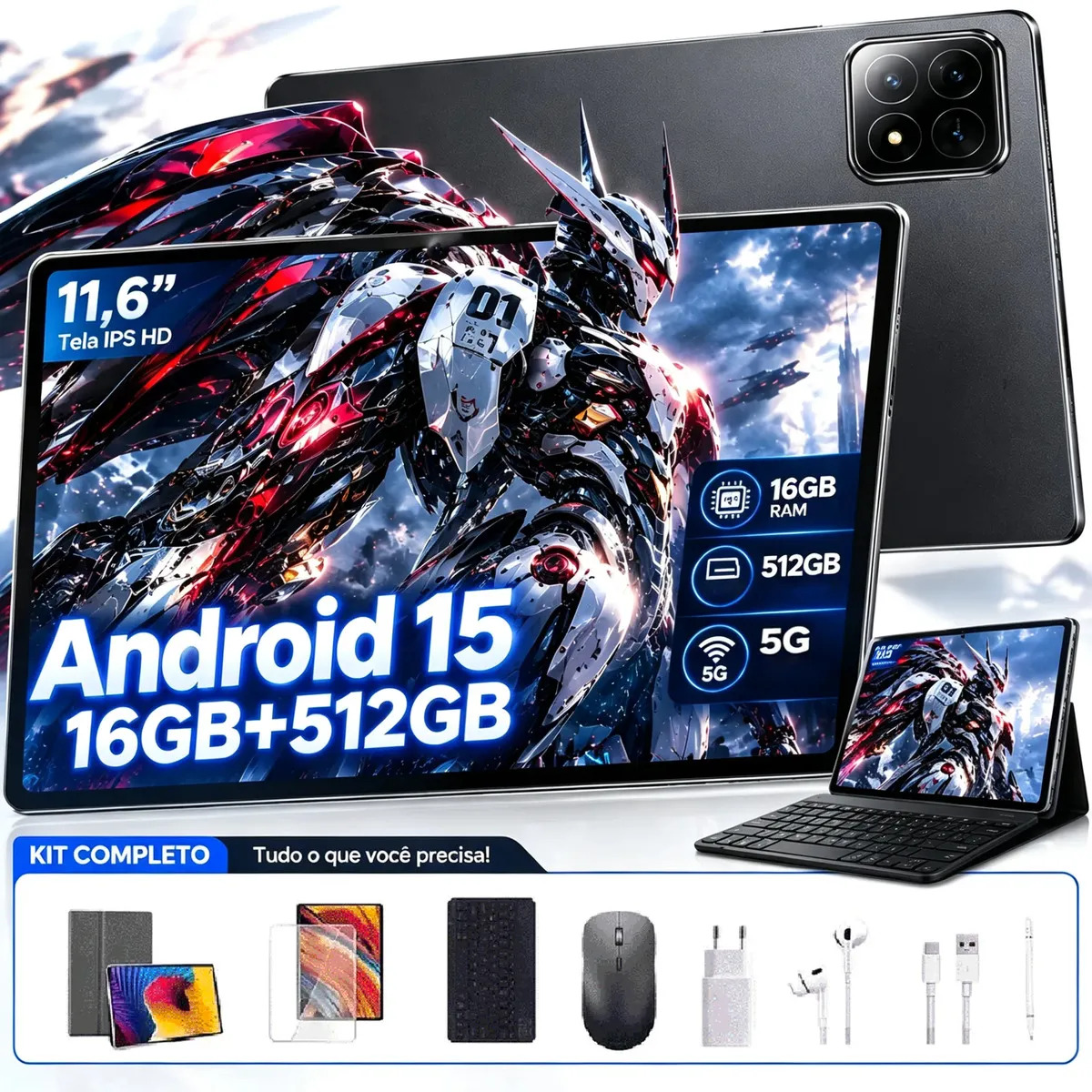 Tablet Zeeno Pad7 Pro 11,6" 16GB RAM 512GB, Android 15 e 5G Preto Ideal para estudos, trabalho, vídeos e entretenimento. Kit completo com teclado, mouse, capa, caneta, carregador, cabo e fone.