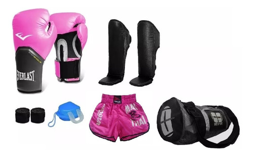 Kit Feminino Plus Boxe Muay Thai Rosa Short Bolsa Acessórios