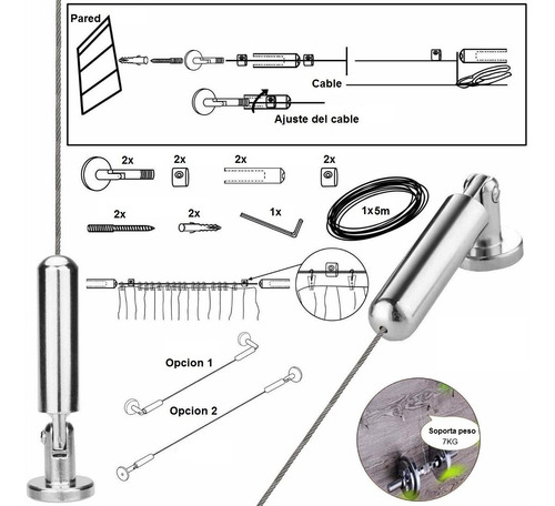 Imagen 6 de 10 de Kit Barral Tensor Cable De Acero Inoxidable Cortina Ganchos