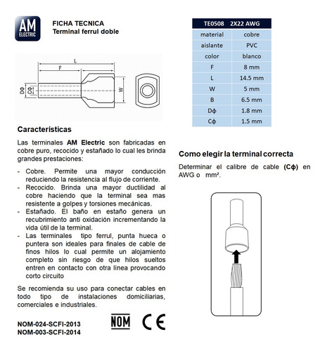 Terminal Ferrul Doble 2x22 Awg Blanco 500 Pzs Am-e