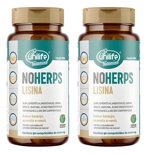 Kit 2 Noherps Lisina 180 Comp + Vit C B3 B5 B6 Anti Herpes