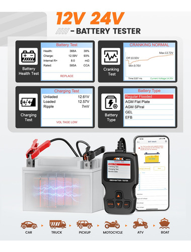 Escáner Obd2 Bluetooth 3 En 1 Y Probador De Batería 12v 24v