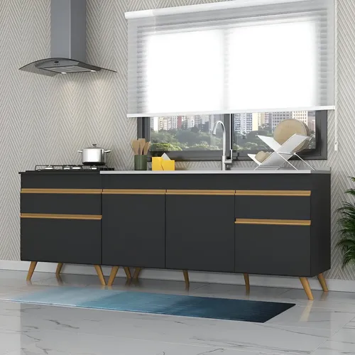 Kit Armário Balcão de Cozinha Gabinete para Pia 150cm e Balcão para Cooktop 70cm com Tampo Veneza GB Multimóveis MP2073 Preto