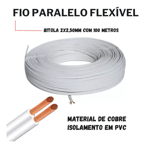 Cabo Paralelo Duplo 2x2,5mm Rolo 100mts Flexível Qualidade