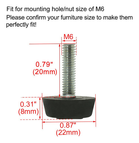 Pés Niveladores Para Móveis M6 X 20 X 22 Mm, 20 Unidades