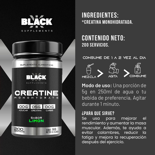 Black Supplements Creatina Monohidratada 1kg 200 Servs Limón