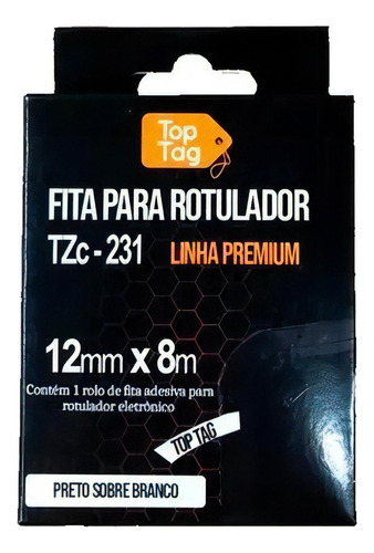 Fita Compativel Rotulador Brother 12mm Preto/branco Tzc231