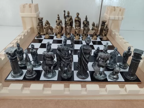 jogo de xadrez temático medieval Romano modelo 3 tabuleiro de madeira 32  peças
