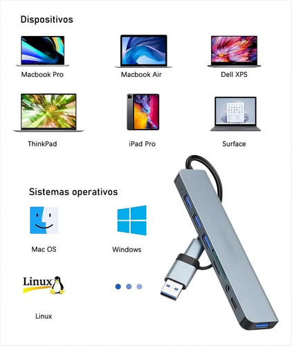 Hub USB-C 8 em 1 - Extensor com Leitor de Cartão SD/TF, Compatível com mac,windows e Outros Dispositivos | extensor usb | usb hub