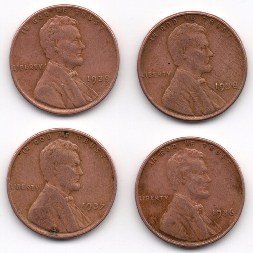 1936 1973 1938 39 (4) Lincoln Cent Xf Moneda Penny 1c Dolar
