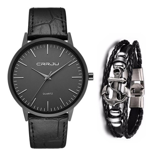 Relógio Masculino Ultra Fino Casual Luxo + Pulseira De Couro Cor da correia Preto Cor do bisel Preto Cor do fundo Preto