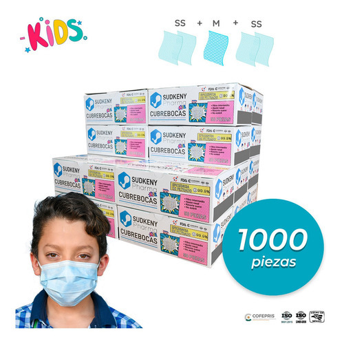 Caja De Cubrebocas Azul Infantil Tricapa 1000 Pzs