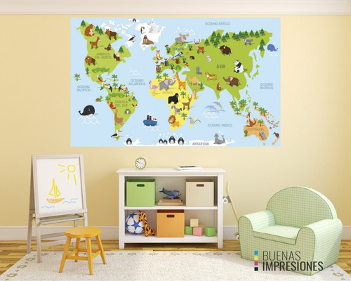Imagen 2 de 9 de Vinilos Decorativos Mapamundi Infantil - Mapa Animales