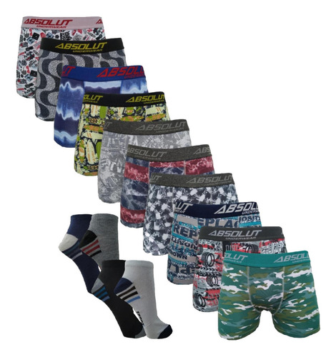 Kit 10 Cuecas Box Boxer Estampadas + 12 Pares Meias