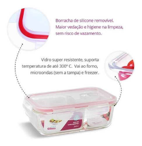 Imagem 1 de 8 de Pote Vidro Retangular 700ml Divisória E Tampa Hermética