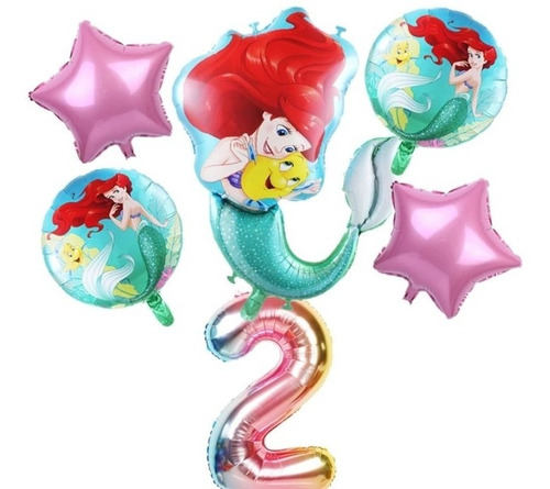 Globos Sirena Ariel + Número Cumpleaños Metalizado Pcs X6 