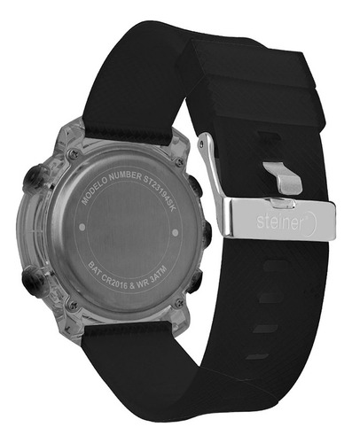 Reloj Digital Transparente Luminoso Para Dama 44mm Steiner Correa Negro Bisel Negro Fondo Blanco