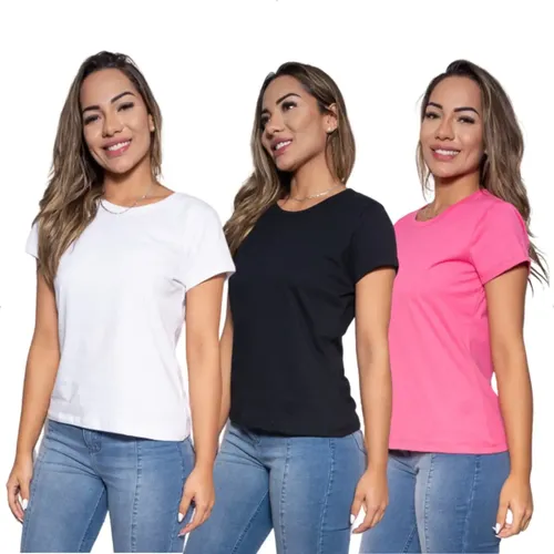 Camiseta Feminina Básica Lisa 100% Algodão Kit Com 3 | Parcelamento sem ...
