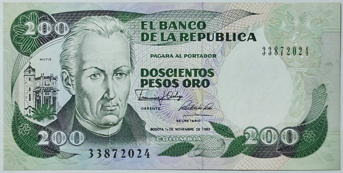 Billete 200 Pesos 01/nov/1989 Colombia Au