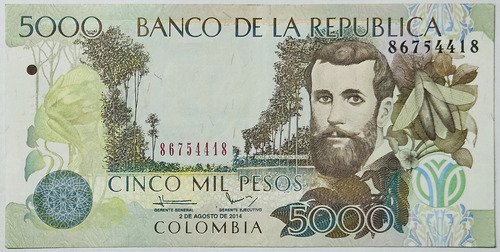 Billete 5000 Pesos 02/ago/2014 Colombia Au