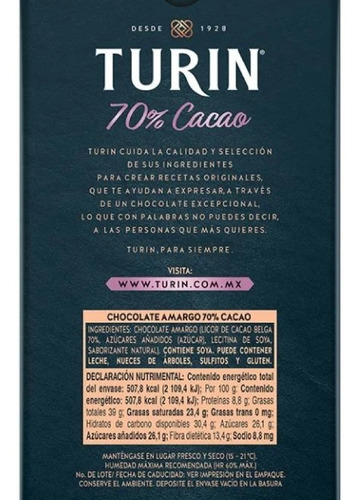 Imagen 2 de 3 de Turin Chocolate Amargo 70% Cacao 18 Barras 324 Gr