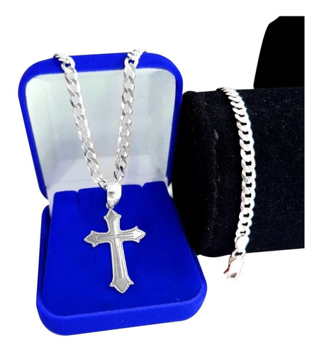Imagem 1 de 7 de Cordão Italiano Grumet Prata 925 Pulseira E Pingente Cruz
