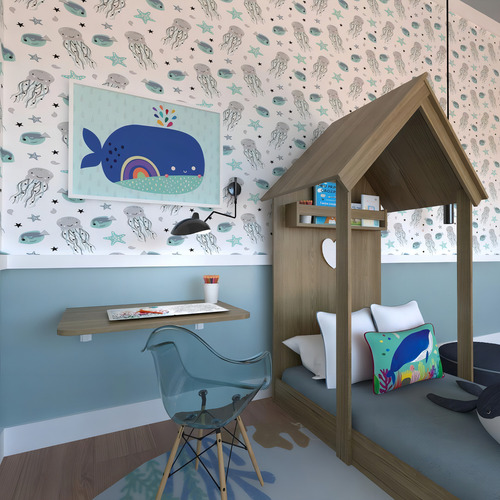 Quarto Infantil Cama Mesa Dobrável Kitcubos Carvalho Mel
