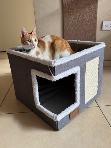 Casa Rascador Para Gato, Cama Invierno Corderito Gris Y Blanca