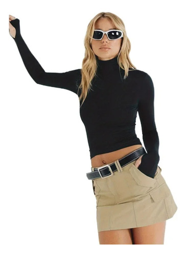 Top Liso De Poliéster Spandex Con Cuello Alto Y Cuello Alto