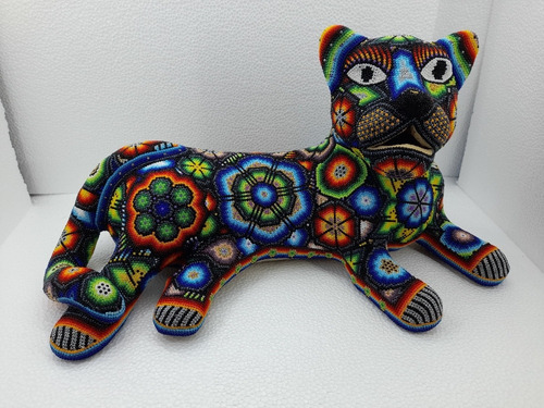 Jaguar Barro Con Shaquira Arte Huichol Alebrije Flor Peyote 