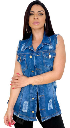 Max Colete Longo Jeans Destroyed Feminino Barra Desfiada 