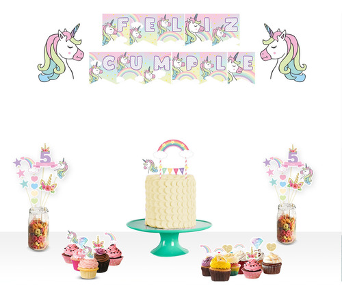 Mega Pack Unicornio Arcoiris Topper Torta Banderin Pinchos