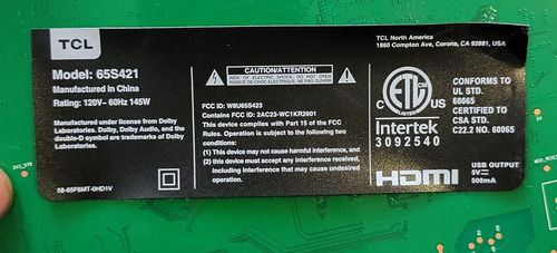 Main Tv Tcl 65s421 (Usado)