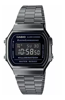 Reloj pulsera Casio Vintage A168 de cuerpo color gris, digital, fondo negro, con correa de acero inoxidable color gris, dial gris, minutero/segundero gris, bisel color gris y hebilla de gancho