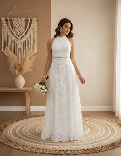 Vestido Renda Premium Off Noiva Casamento Civil Gola Alta