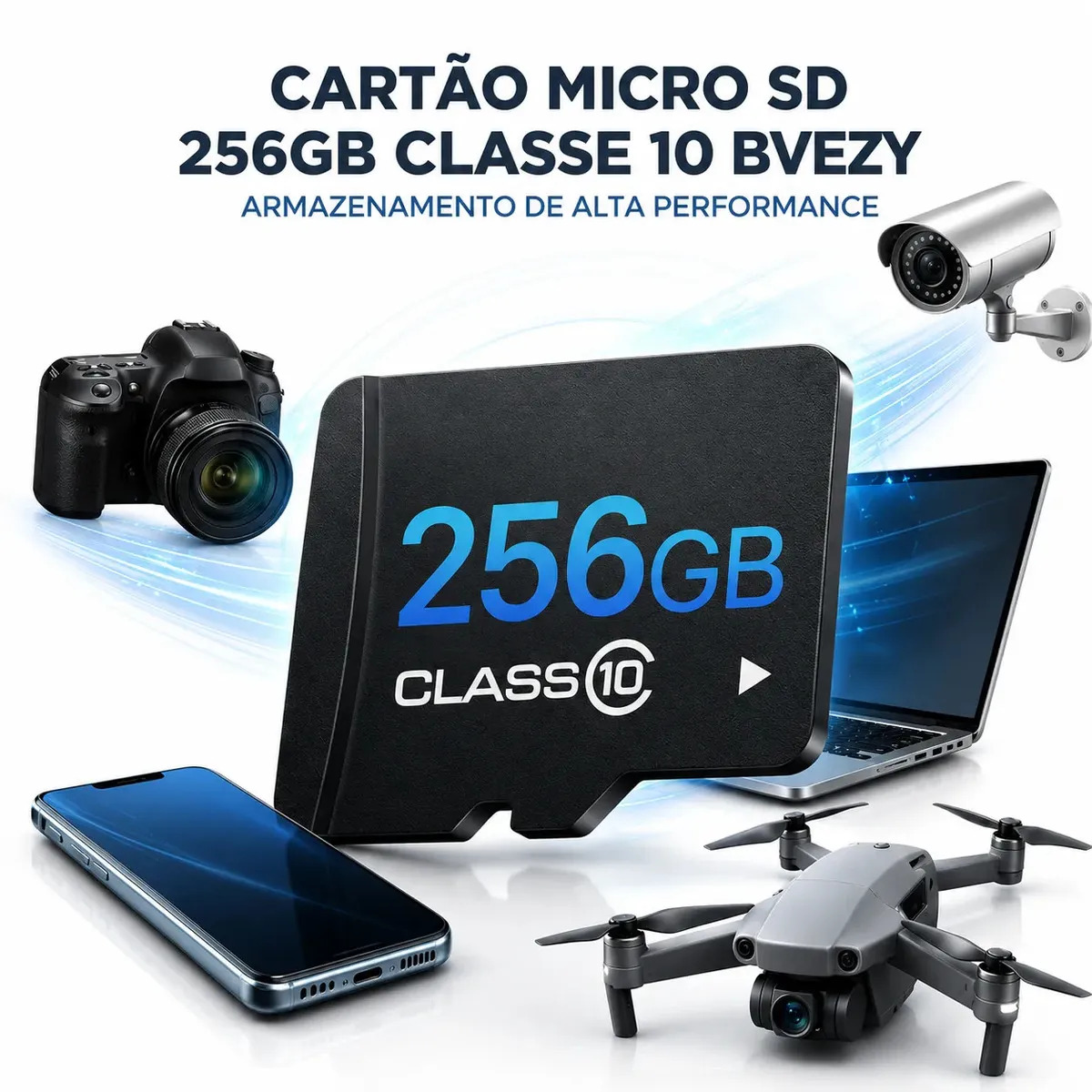 Cartão De Memória Micro SD 256GB Classe 10 Alta Velocidade Ideal Para Câmera De Segurança Celular Drone Tablet Filmadora E Gravação Full HD Com Adaptador Bvezy