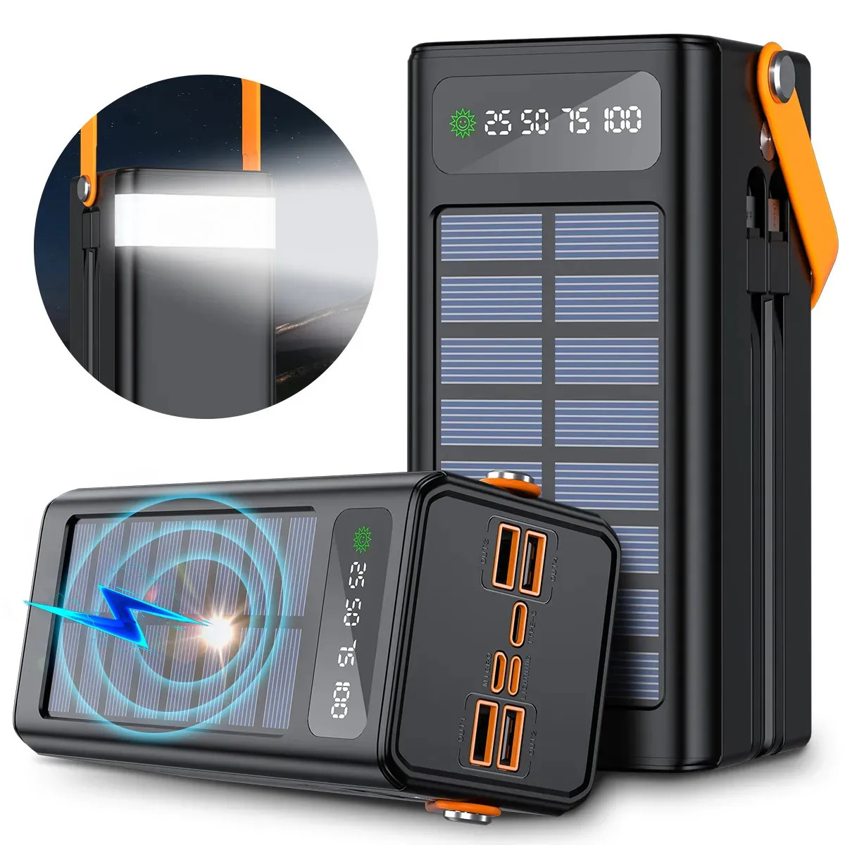 Power Bank 100000mah Batería Portátil Pila 180w Carga Rápida Con Cables Integrados Zuszox, Banco De Energía Solar De Carga Con 7 Salidas Y 3 Entradas Negro