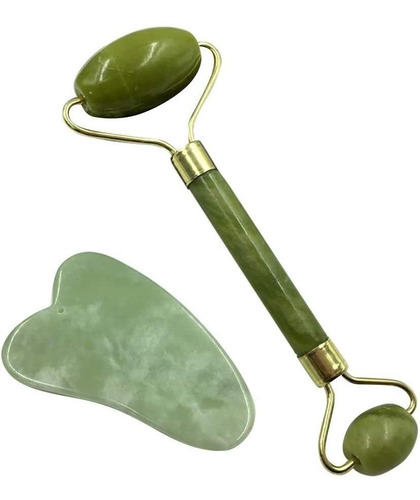 Massageador Roller Facial Pedra Jade + Guasha Pedra Natural
