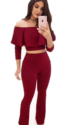 Conjunto Cropped Peplum Calça Flare Cintura Alta 2019