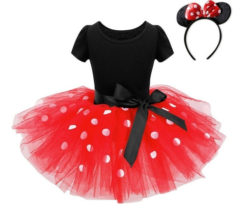 Imagem 7 de 9 de Vestido Infantil Minnie Luxo Com Arco Saia Voal E Laço Cetim