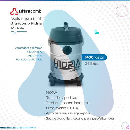 Aspiradora Ultracomb Tambor 34 Lts. 1400w As-4314